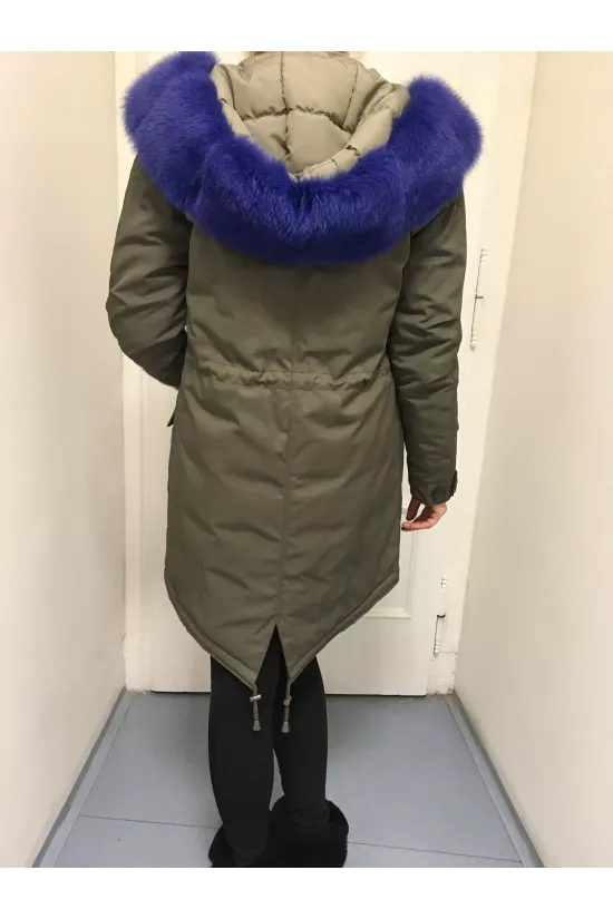 Fashion khaki parka s Royal blue kožíškem