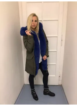 Fashion khaki parka s Royal blue kožíškem