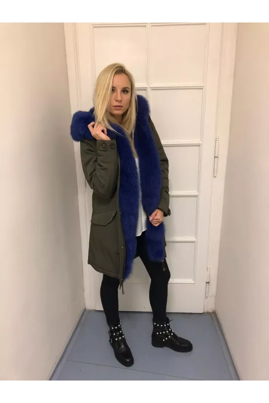 Fashion khaki parka s Royal blue kožíškem