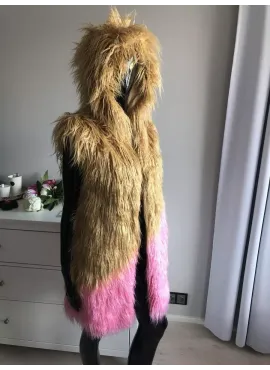 FUR FAUX KOŽEŠINOVÁ VESTA MONGOLIA S KAPUCÍ