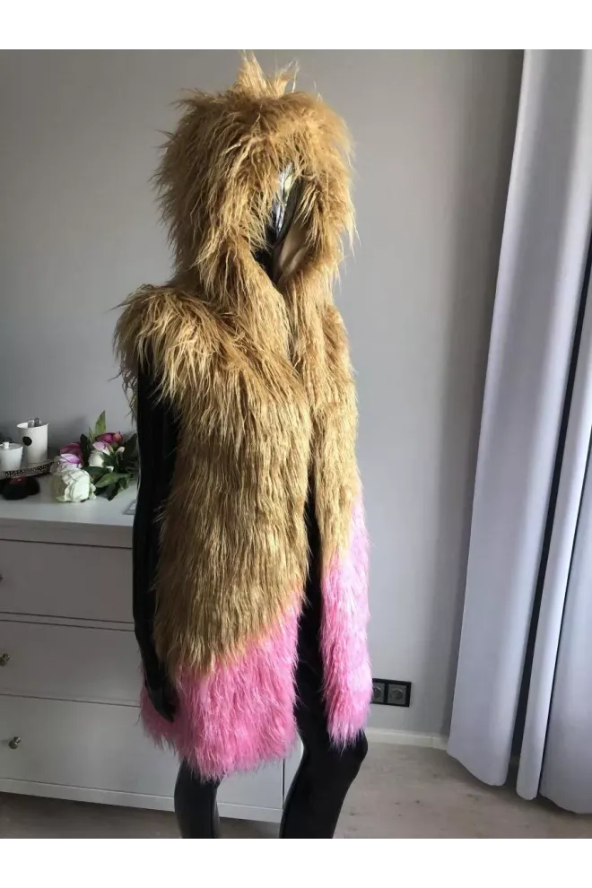 FUR FAUX KOŽEŠINOVÁ VESTA MONGOLIA S KAPUCÍ