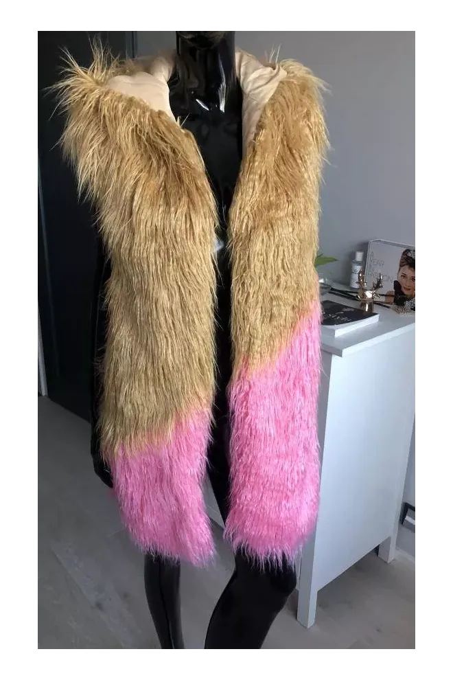 FUR FAUX KOŽEŠINOVÁ VESTA MONGOLIA S KAPUCÍ